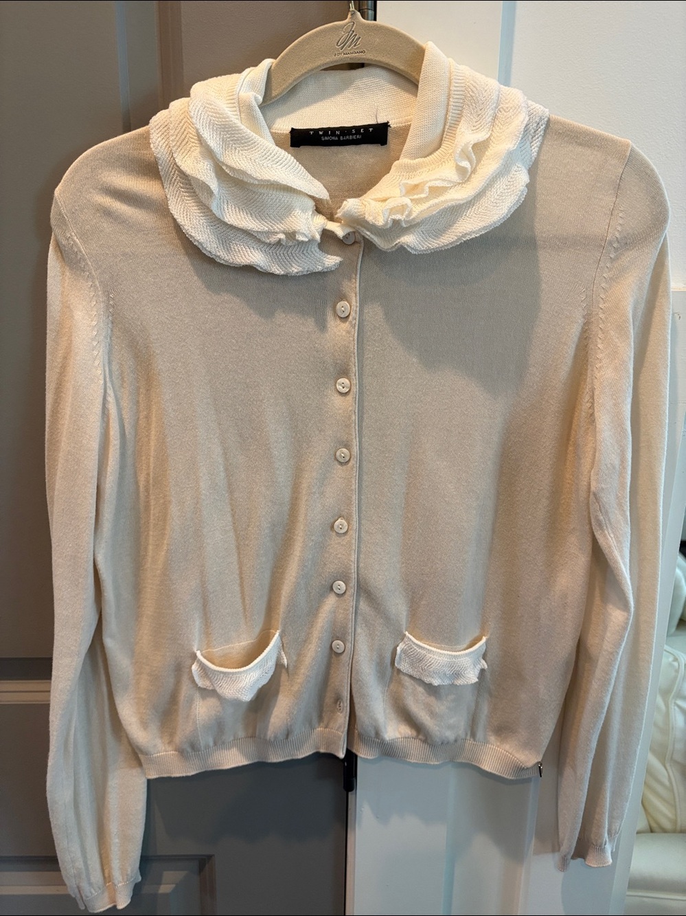 Twin Set  Cream Ruffle Collar Button-Up Cardigan